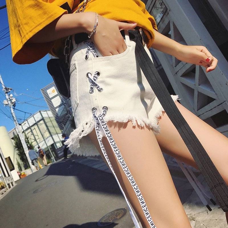 Vintage Women Denim Distressed Hem Shorts High Waist Straps Tassel Female Summer Shorts For Women's jeans - Clothing Personality