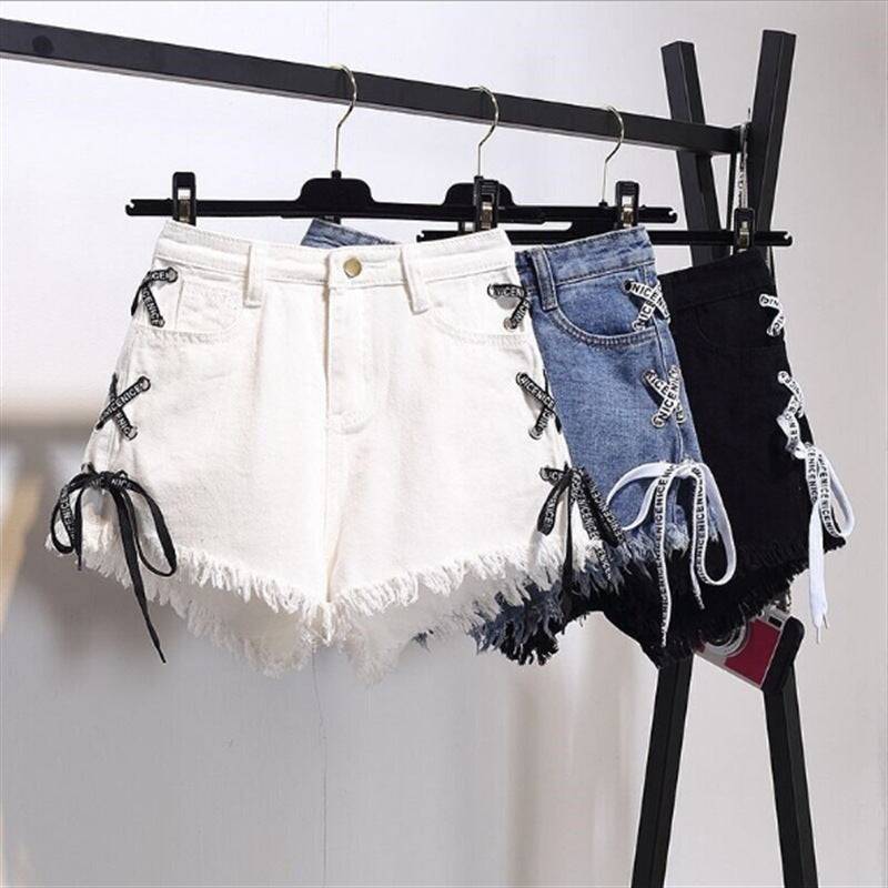 Vintage Women Denim Distressed Hem Shorts High Waist Straps Tassel Female Summer Shorts For Women's jeans - Clothing Personality