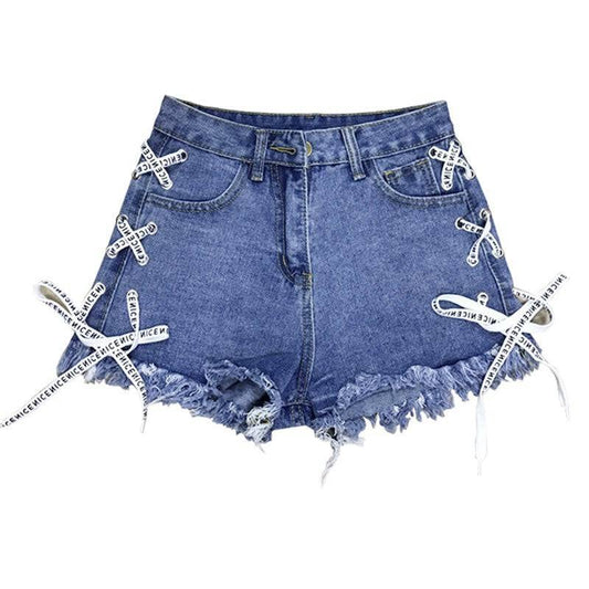 Vintage Women Denim Distressed Hem Shorts High Waist Straps Tassel Female Summer Shorts For Women's jeans - Clothing Personality