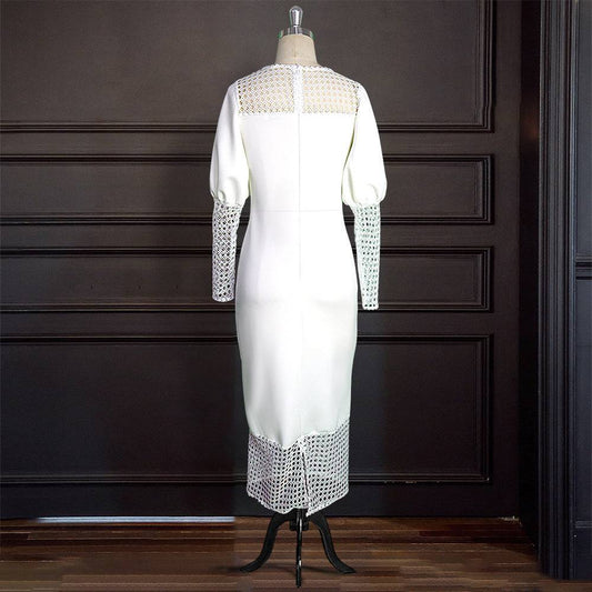Sexy Hollow Long Sleeve White High Waist Large Size Dress - Clothing Personality