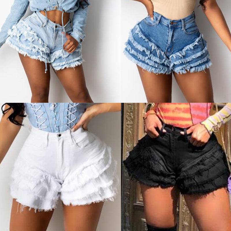Women's Ruffle Frayed Denim Micro Shorts Women - Clothing Personality