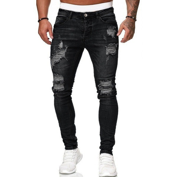Ripped White Slim Denim Trousers Fashion Foot Pants - Clothing Personality