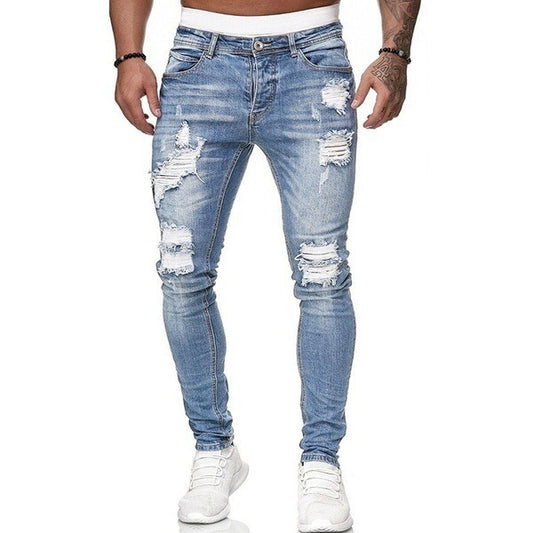 Ripped White Slim Denim Trousers Fashion Foot Pants - Clothing Personality
