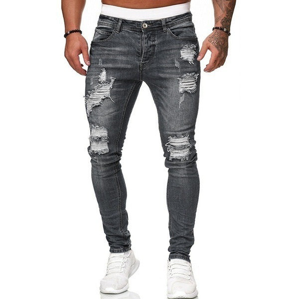 Ripped White Slim Denim Trousers Fashion Foot Pants - Clothing Personality