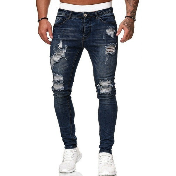 Ripped White Slim Denim Trousers Fashion Foot Pants - Clothing Personality