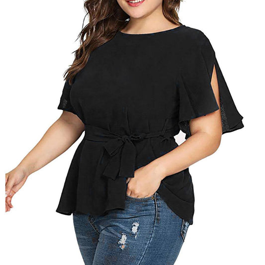 Blouse Women's Solid Short Sleeve Shirt - Clothing Personality