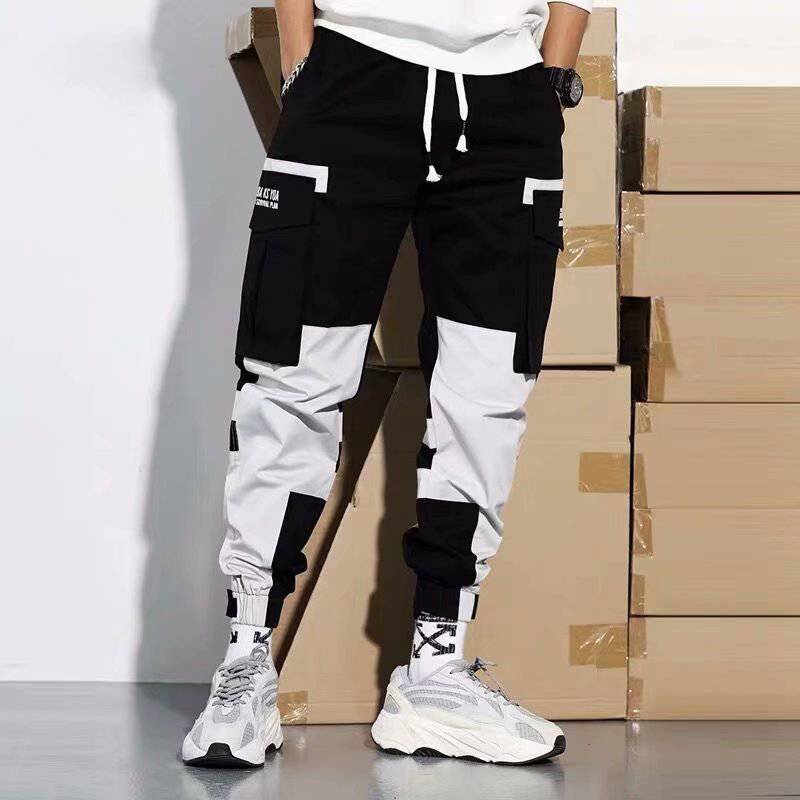 Stitching Contrast Color Hip-Hop Overalls Men'S Trend Loose And Wild Tie-Footed National Tide Casual Harem Pants - Clothing Personality