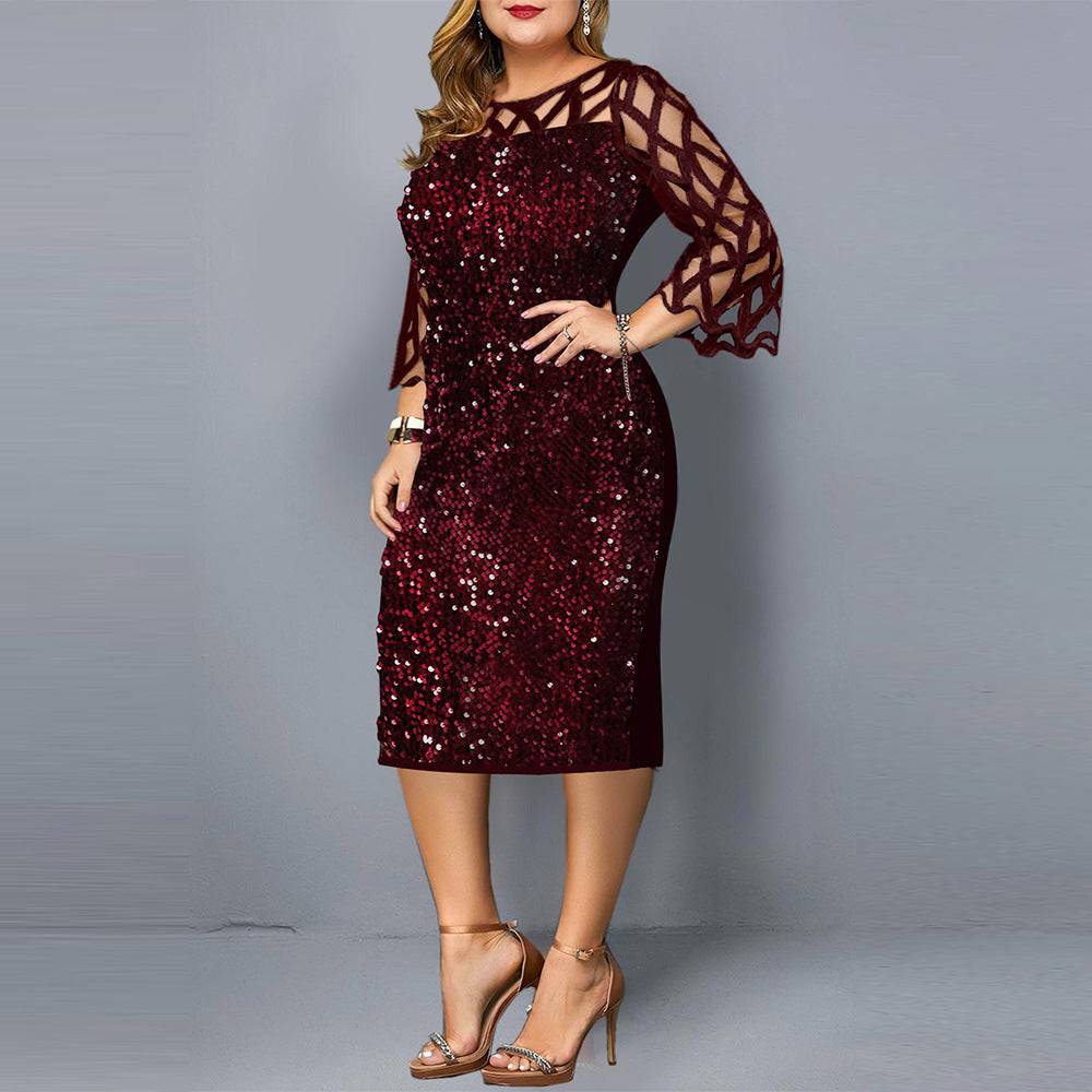 Little Black Party Dress Sequin Plus Size Women's Sexy Night Club Dress Red Side View