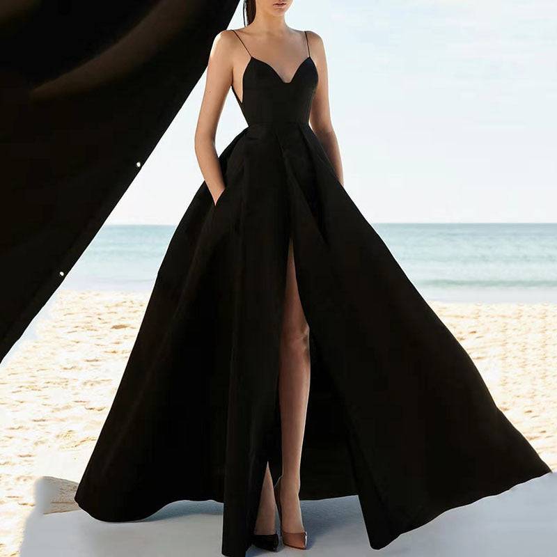 Women's Spaghetti Strap V-neck Ball Gown Gala Wedding Prom Evening Dress Black A-line Leg Split