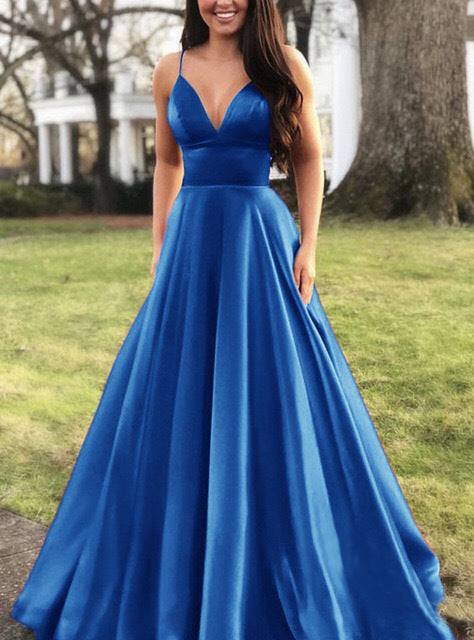 Women's Spaghetti Strap V-neck Ball Gown Gala Wedding Prom Evening Dress Blue