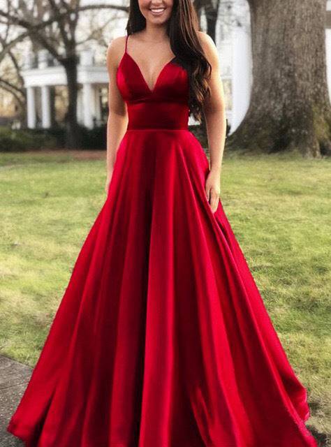 Women's Spaghetti Strap V-neck Ball Gown Gala Wedding Prom Evening Dress Red