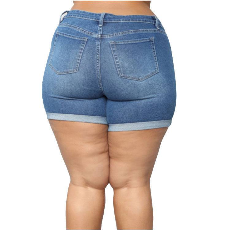 Women's Plus Size Stretch Mid Waist Denim Shorts - Clothing Personality