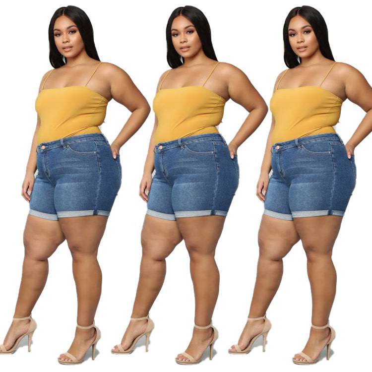 Women's Plus Size Stretch Mid Waist Denim Shorts - Clothing Personality