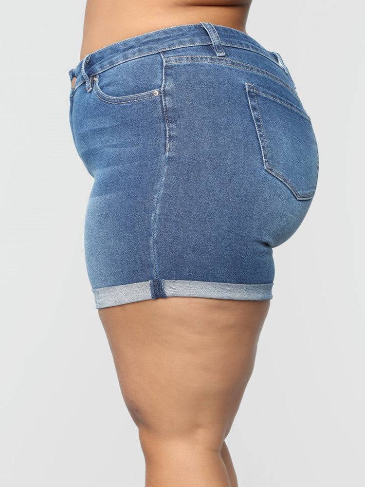 Women's Plus Size Stretch Mid Waist Denim Shorts - Clothing Personality