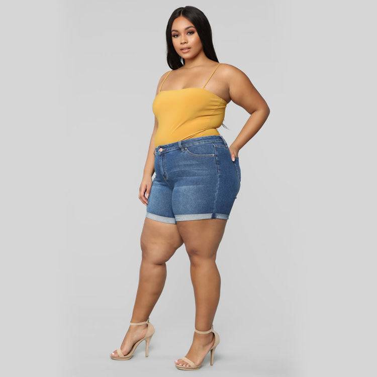 Women's Plus Size Stretch Mid Waist Denim Shorts - Clothing Personality