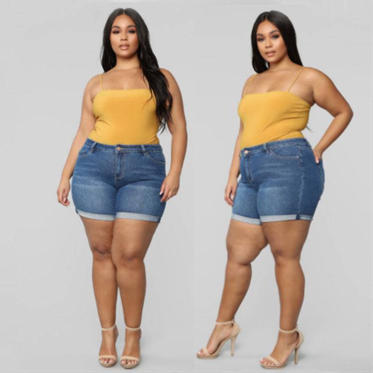 Women's Plus Size Stretch Mid Waist Denim Shorts - Clothing Personality