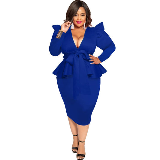 Plus Size Women's Bowknot Long Sleeve Dress - Clothing Personality