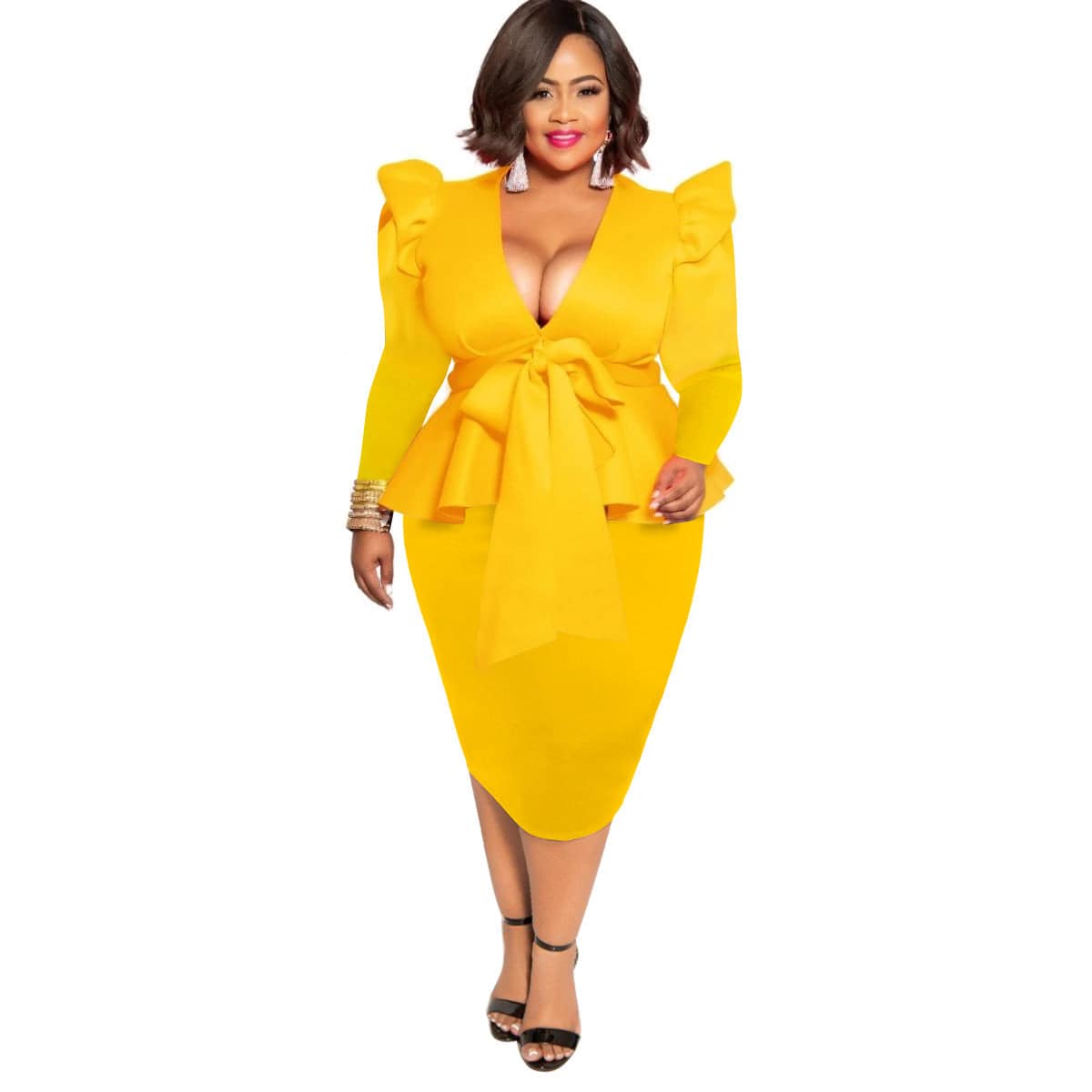 Plus Size Women's Bowknot Long Sleeve Dress - Clothing Personality