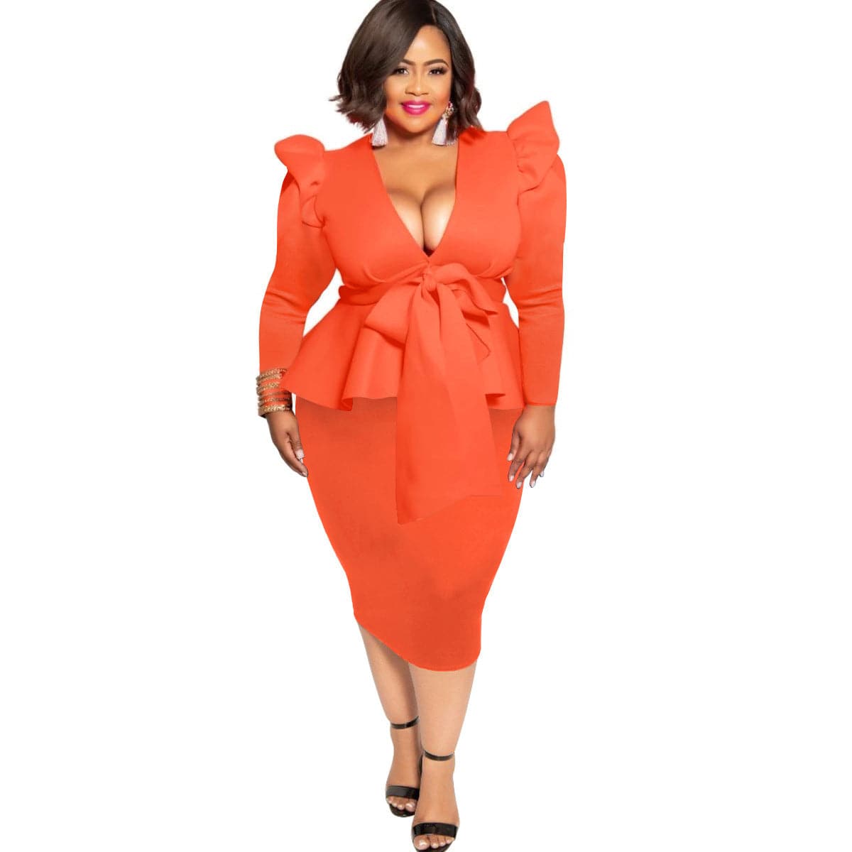 Plus Size Women's Bowknot Long Sleeve Dress - Clothing Personality