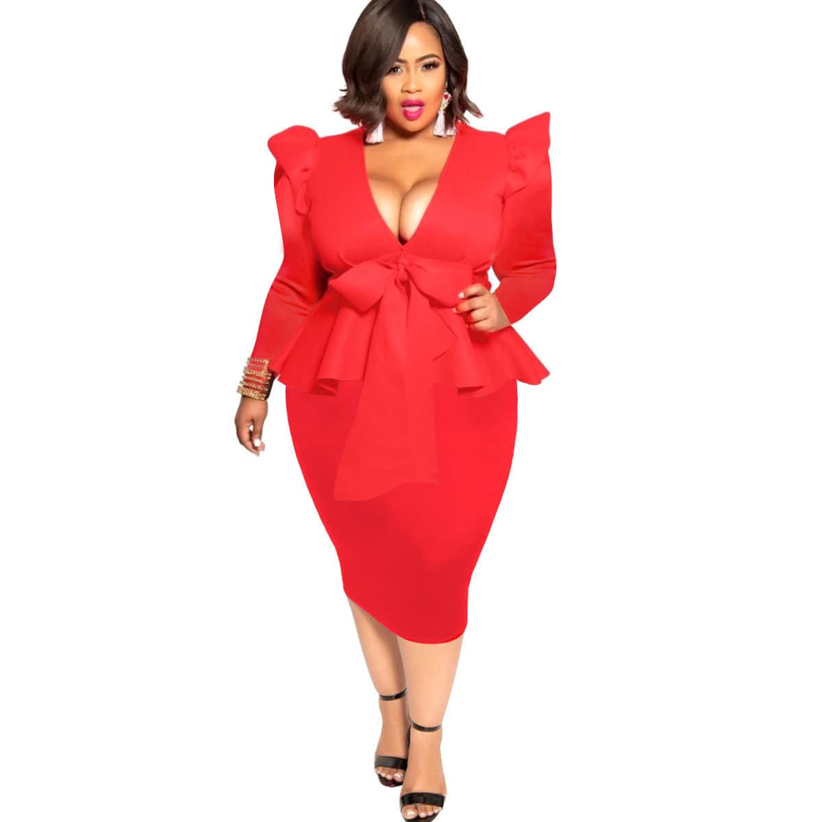 Plus Size Women's Bowknot Long Sleeve Dress - Clothing Personality