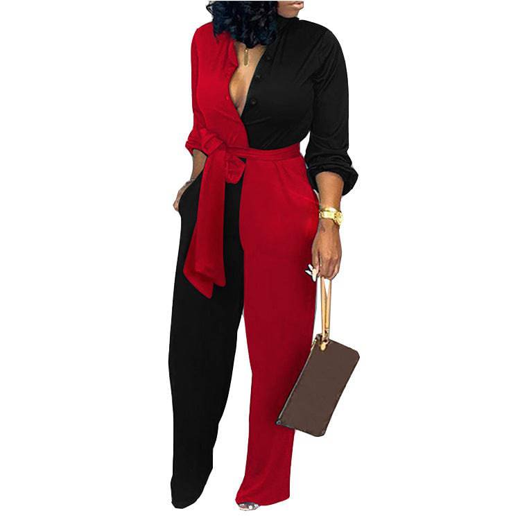 Color Block Printed V-neck 3/4 Sleeve Sexy Fashion Casual Jumpsuit - Clothing Personality