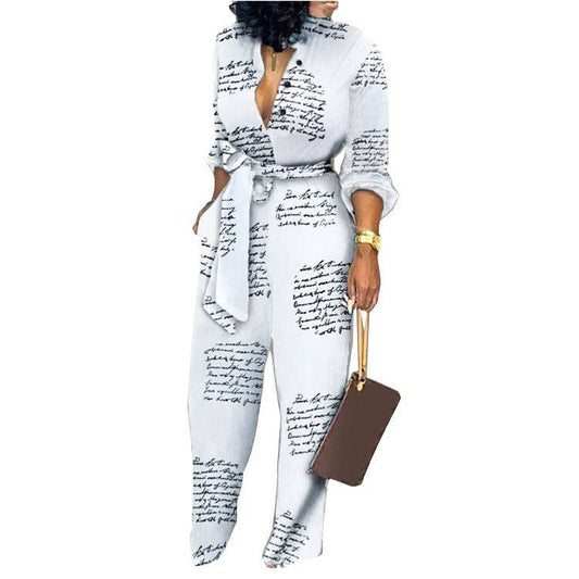 Color Block Printed V-neck 3/4 Sleeve Sexy Fashion Casual Jumpsuit - Clothing Personality