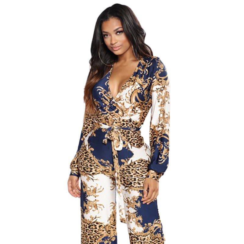 Color Block Printed V-neck 3/4 Sleeve Sexy Fashion Casual Jumpsuit - Clothing Personality