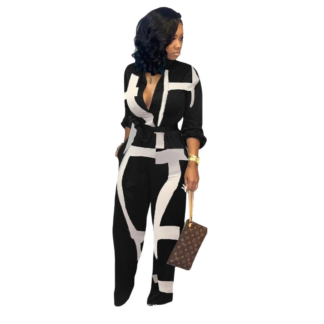 Color Block Printed V-neck 3/4 Sleeve Sexy Fashion Casual Jumpsuit - Clothing Personality