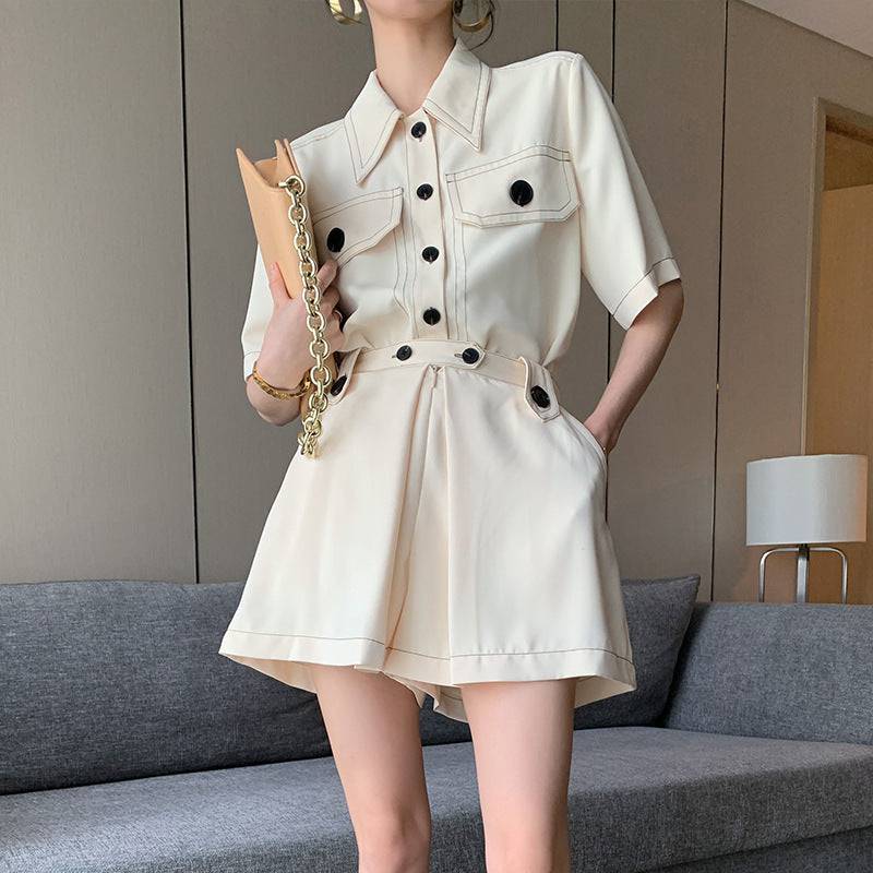 Summer Western Style Button Up Romper Short Sleeve Shorts Suit Women - Clothing Personality