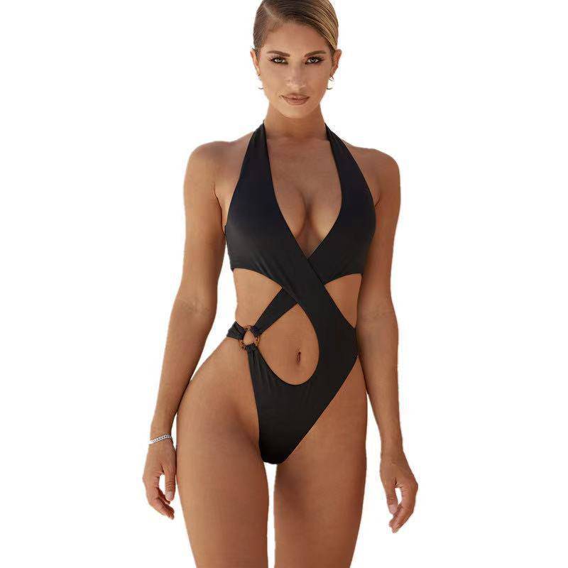 Sexy One-Piece Swimsuit Women's Solid Color Cross Hollow Large Size Bikini Bikini Swimwear - Clothing Personality