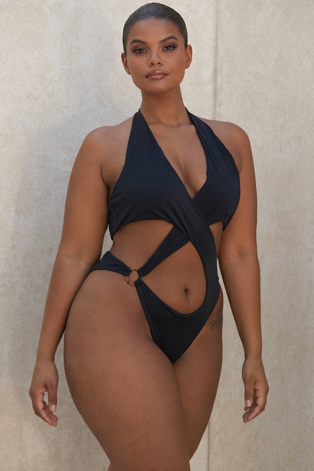 Sexy One-Piece Swimsuit Women's Solid Color Cross Hollow Large Size Bikini Bikini Swimwear - Clothing Personality