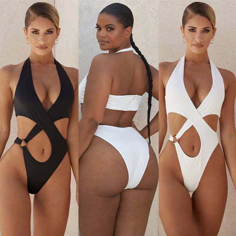 Sexy One-Piece Swimsuit Women's Solid Color Cross Hollow Large Size Bikini Bikini Swimwear - Clothing Personality