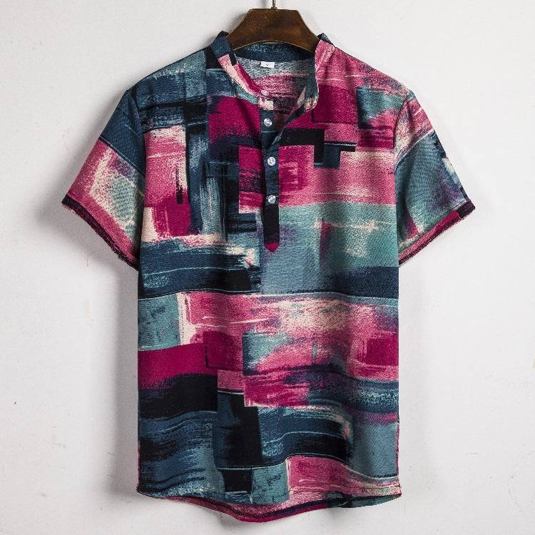 New Men's Short-sleeved Linen Shirt Indian Ethnic Style Men's Floral Shirt - Clothing Personality