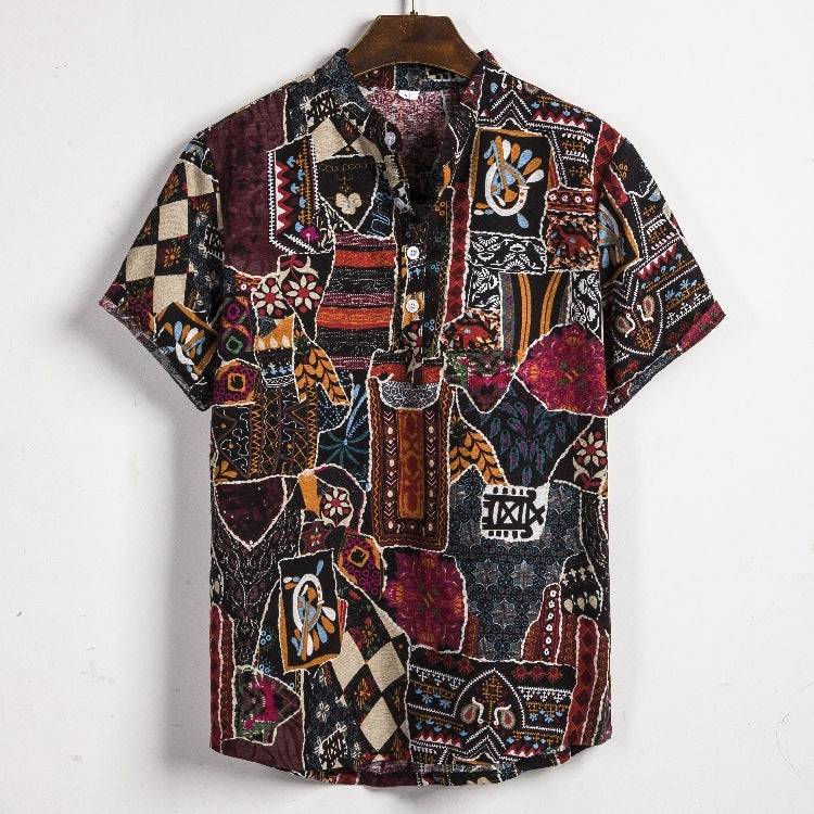 New Men's Short-sleeved Linen Shirt Indian Ethnic Style Men's Floral Shirt - Clothing Personality