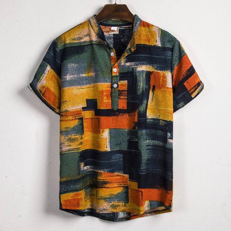 New Men's Short-sleeved Linen Shirt Indian Ethnic Style Men's Floral Shirt - Clothing Personality