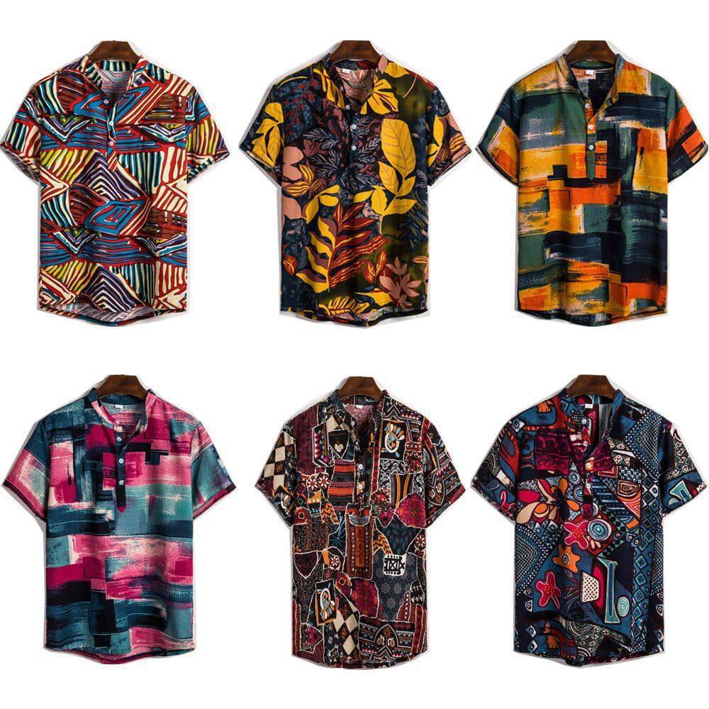 New Men's Short-sleeved Linen Shirt Indian Ethnic Style Men's Floral Shirt - Clothing Personality