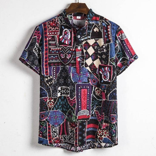 New Men's Short-sleeved Linen Shirt Indian Ethnic Style Men's Floral Shirt - Clothing Personality