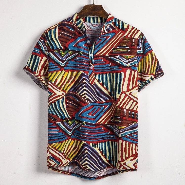 New Men's Short-sleeved Linen Shirt Indian Ethnic Style Men's Floral Shirt - Clothing Personality
