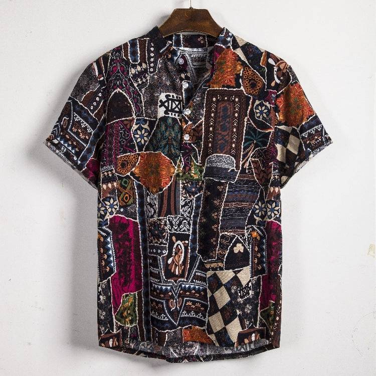 New Men's Short-sleeved Linen Shirt Indian Ethnic Style Men's Floral Shirt - Clothing Personality