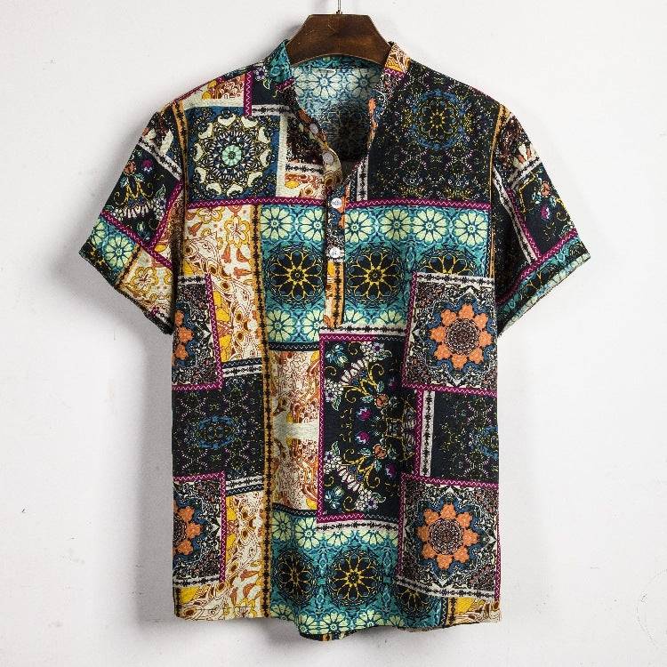 New Men's Short-sleeved Linen Shirt Indian Ethnic Style Men's Floral Shirt - Clothing Personality