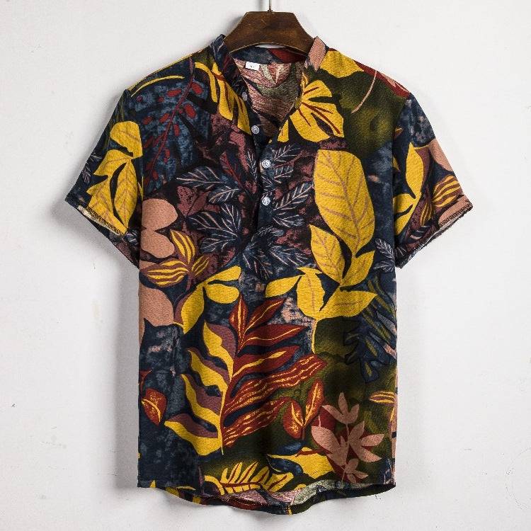New Men's Short-sleeved Linen Shirt Indian Ethnic Style Men's Floral Shirt - Clothing Personality