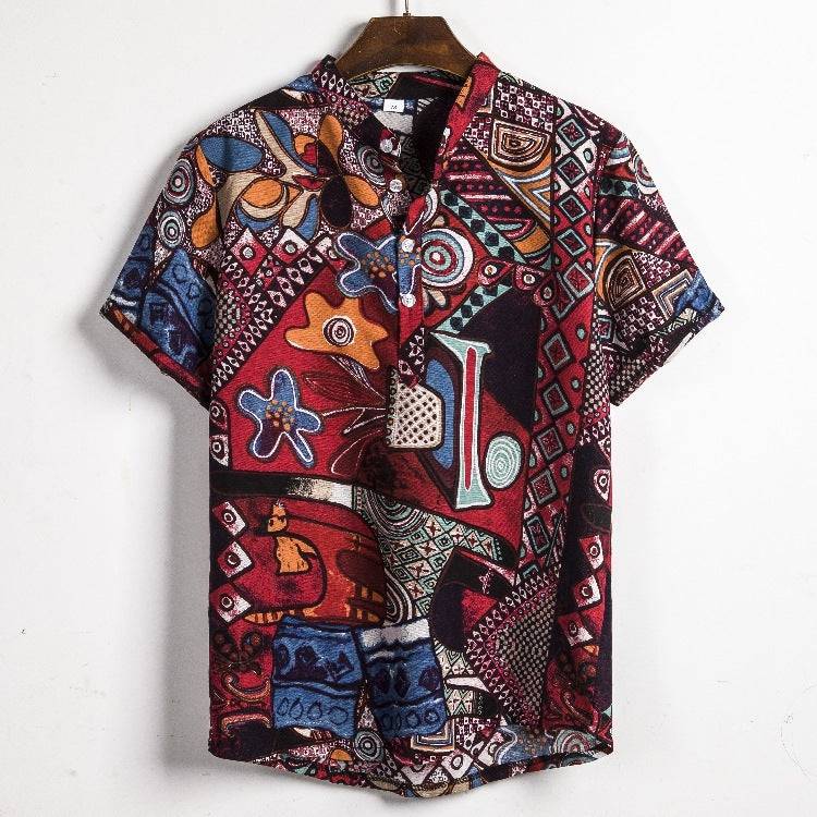 New Men's Short-sleeved Linen Shirt Indian Ethnic Style Men's Floral Shirt - Clothing Personality