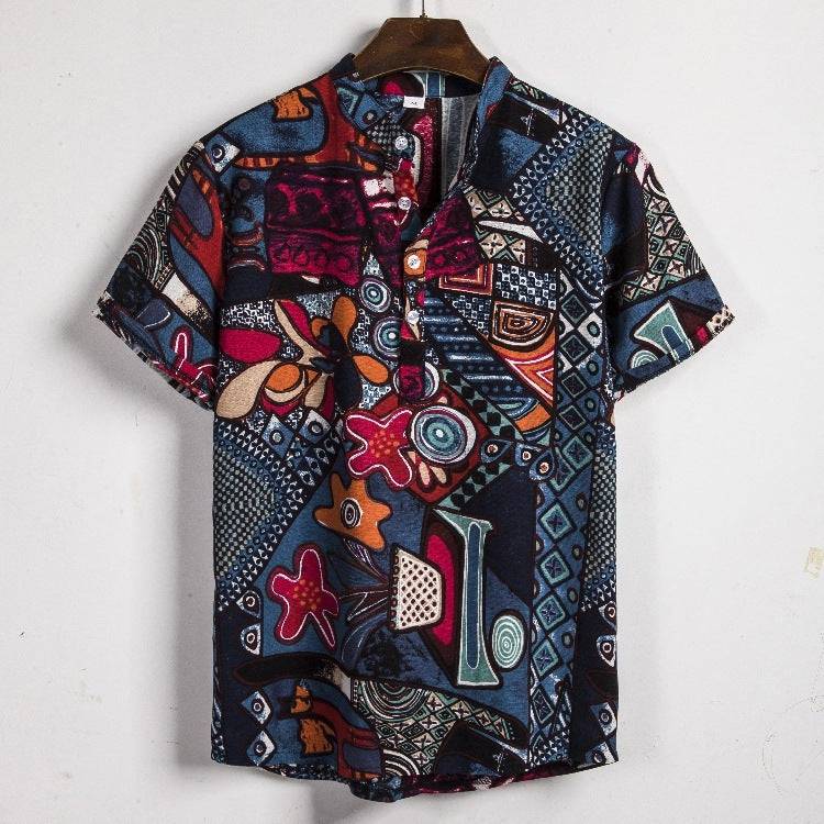 New Men's Short-sleeved Linen Shirt Indian Ethnic Style Men's Floral Shirt - Clothing Personality