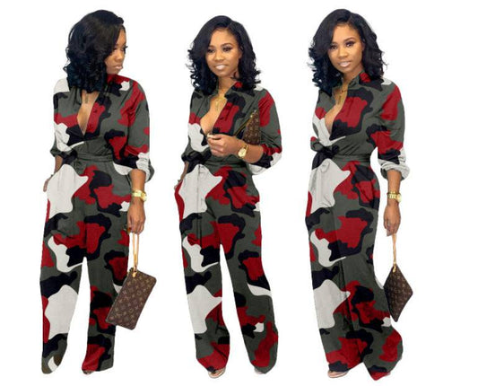 Women's Geometric Camo Print Wide Leg Pants Jumpsuit Camouflage Jumpsuit Romper - Clothing Personality