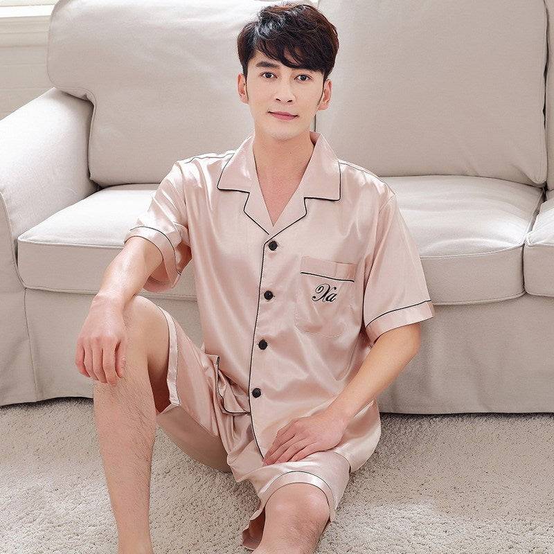 Ice Silk Couple Pajamas Short-sleeved Men And Women V-neck Cardigan Simulation Silk Home Service - Clothing Personality