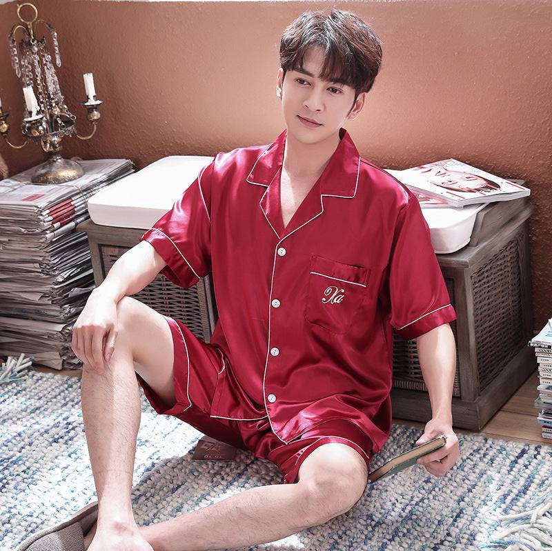 Ice Silk Couple Pajamas Short-sleeved Men And Women V-neck Cardigan Simulation Silk Home Service - Clothing Personality