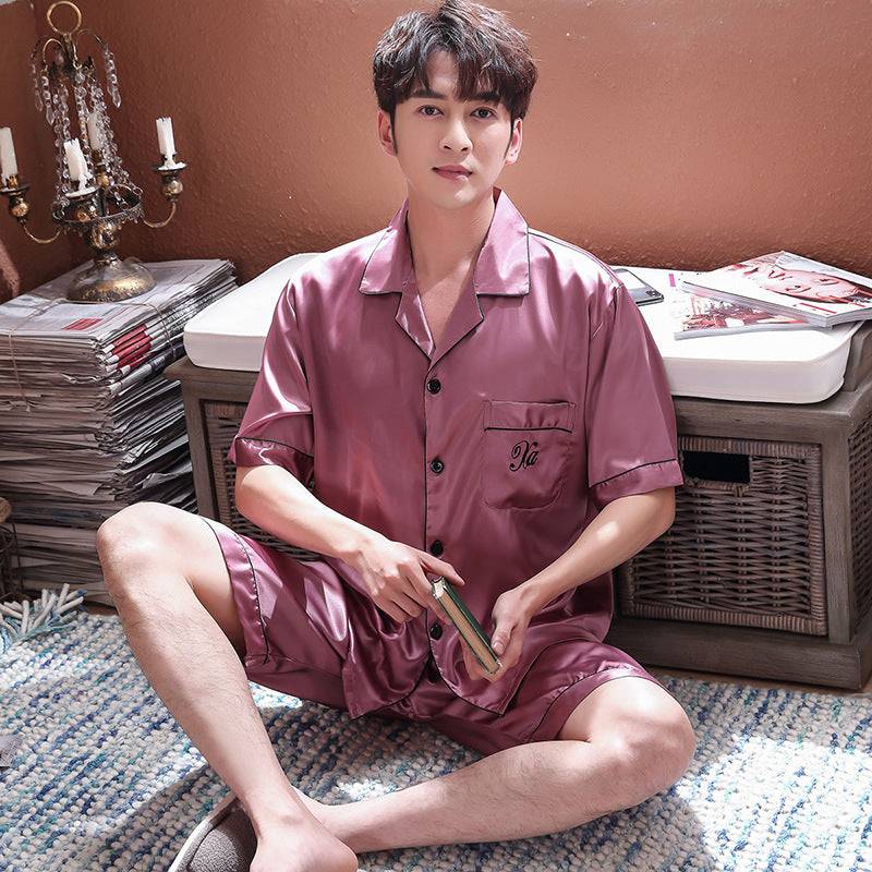 Ice Silk Couple Pajamas Short-sleeved Men And Women V-neck Cardigan Simulation Silk Home Service - Clothing Personality