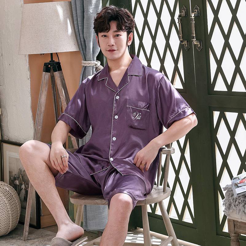Ice Silk Couple Pajamas Short-sleeved Men And Women V-neck Cardigan Simulation Silk Home Service - Clothing Personality