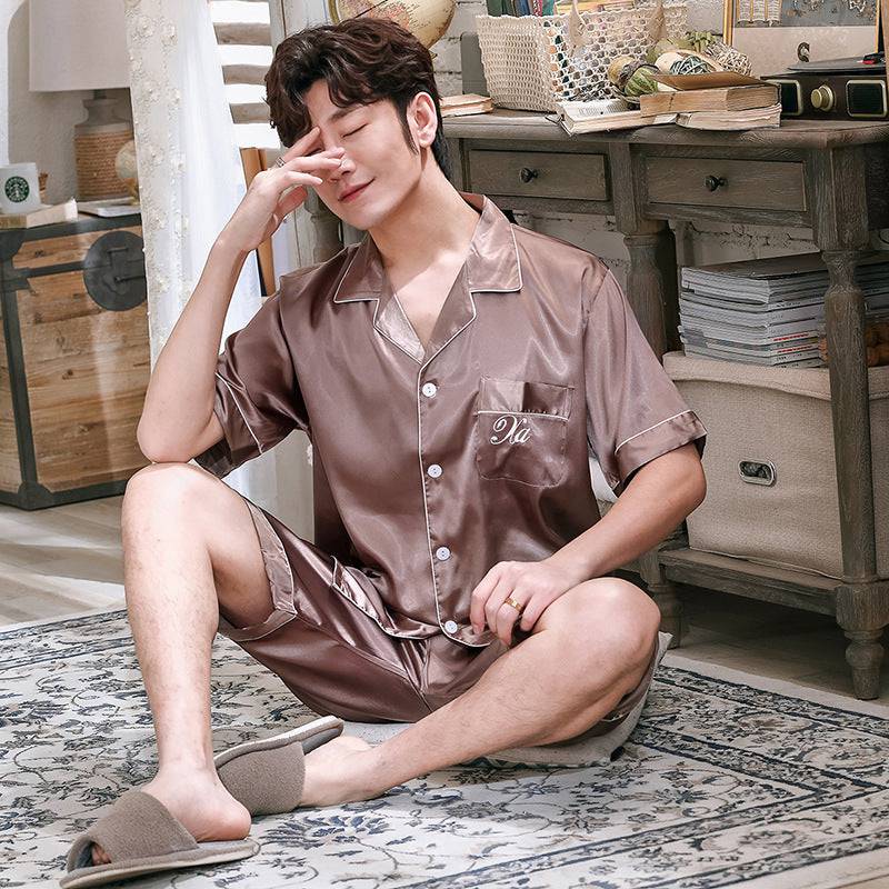 Ice Silk Couple Pajamas Short-sleeved Men And Women V-neck Cardigan Simulation Silk Home Service - Clothing Personality