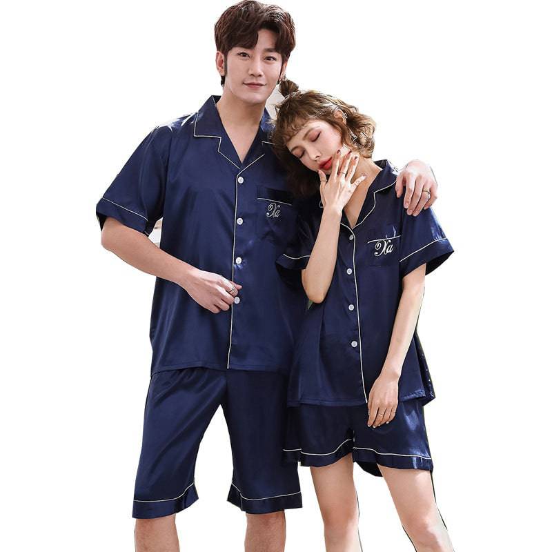 Ice Silk Couple Pajamas Short-sleeved Men And Women V-neck Cardigan Simulation Silk Home Service - Clothing Personality